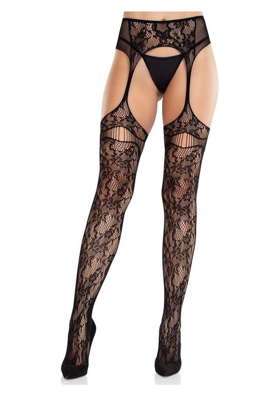 Leg Avenue Bloom Net Stockings with Cut-Out Thigh Detail and Attached Garter Belt - O/S