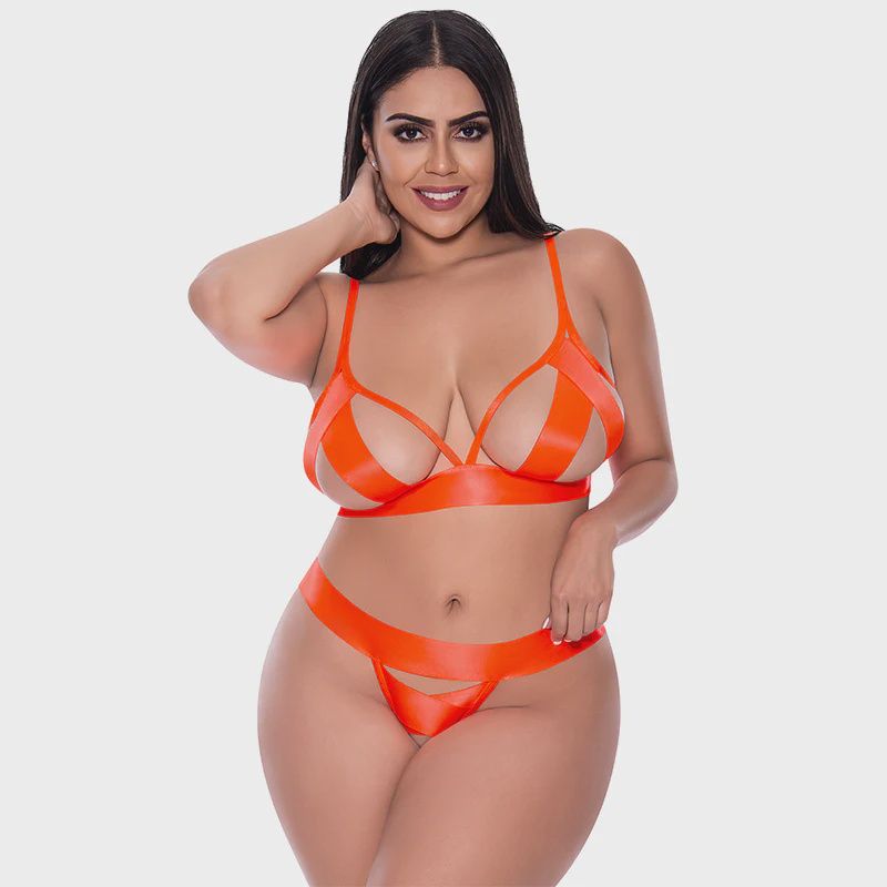 Strap Tease Bra &amp; Crotchless Panty Set Orange, Size: 2XL