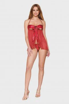 Bow Babydoll and Thong - Ruby, Size: O/S