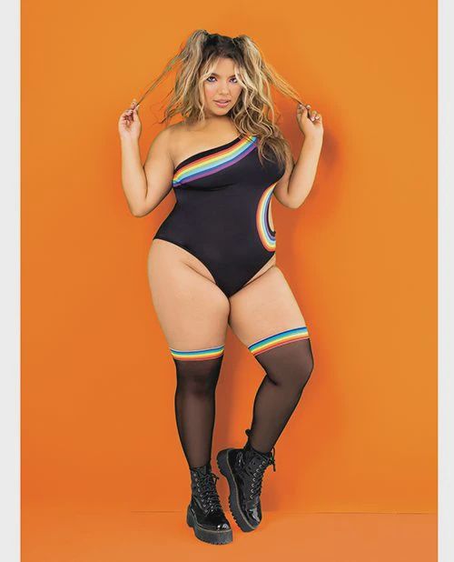 Pride One Shoulder Side Cut Out Bodysuit Black Print, Size: 1X/2X