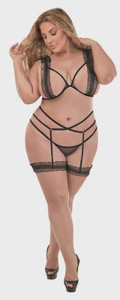 Bra, Stirrup Garter &amp; Split Crotch Panty Set, Size: 1-3X