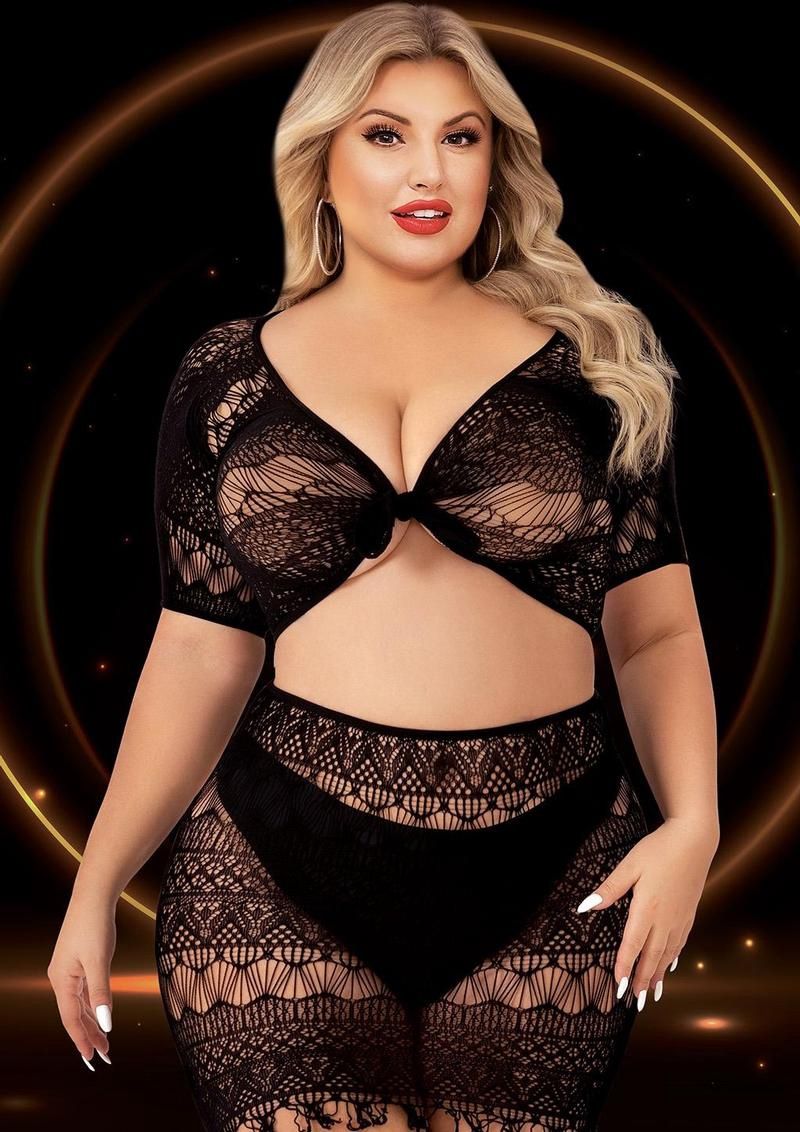 2PC TIE CROP TOP &amp; SKIRT SET BLACK, Size: Queen