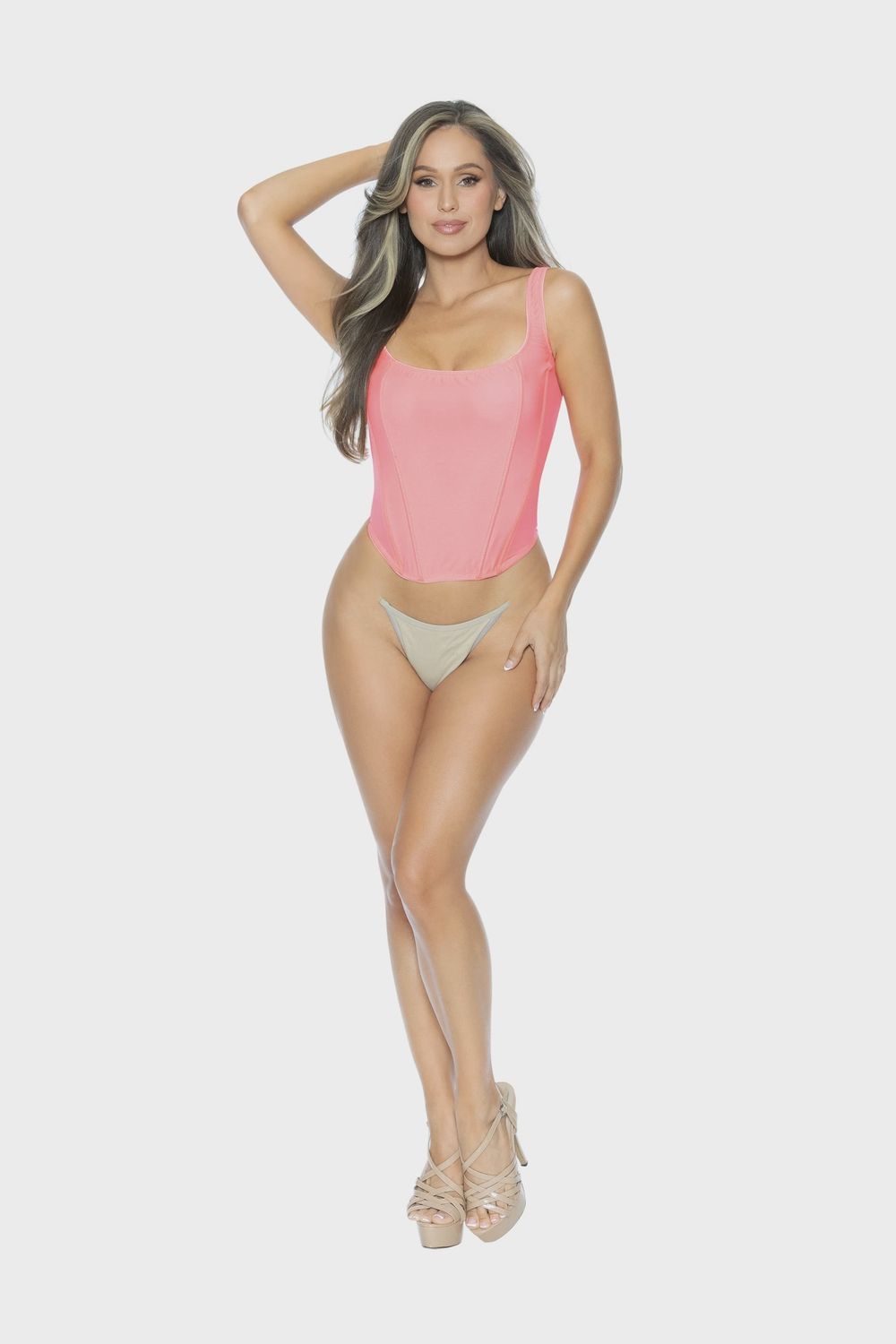 MESH CORSET TOP, Color: neon-coral, Size: Small