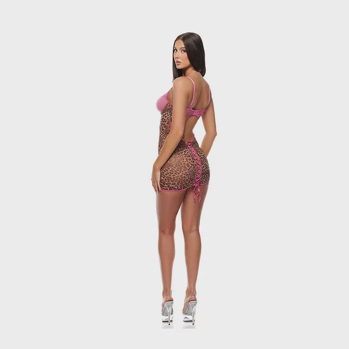 Animal Instincts Mesh Chemise &amp; Panty - Pink Leopard