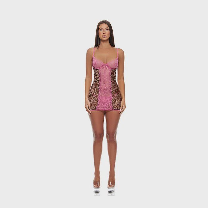 Animal Instincts Mesh Chemise &amp; Panty - Pink Leopard, Size: Small