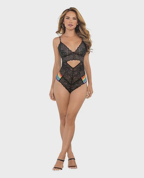 Pride Lace Teddy w/Rainbow Side Straps Black, Size: S/M