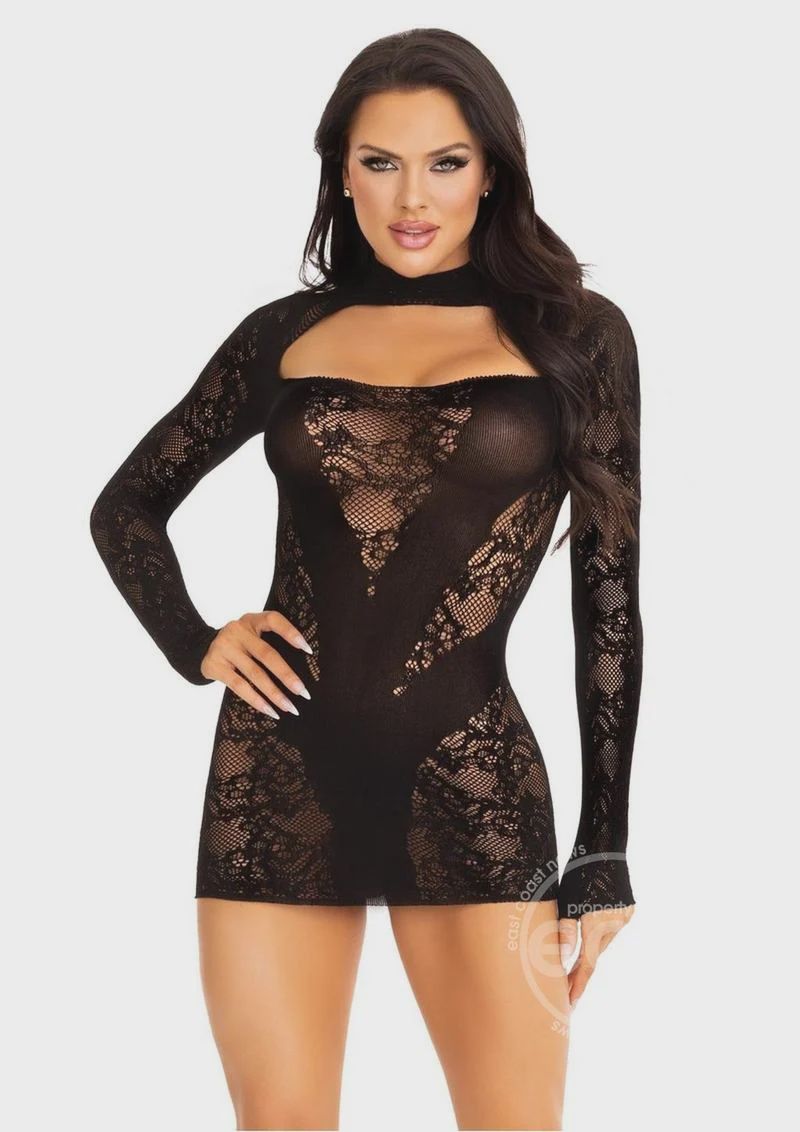 Lace Keyhole Mini Dress with Opaque Panel Detailing and Gloved sleeves - O/S, Color: Black