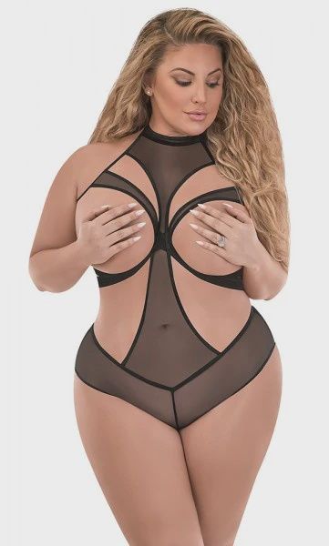 Cupless &amp; Crotchless Halter Teddy, Color: Black, Size: 1-3X