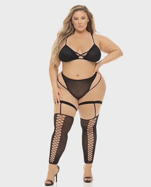 Pink Lipstick Want You Now Bra, Panty &amp; Stockings Black