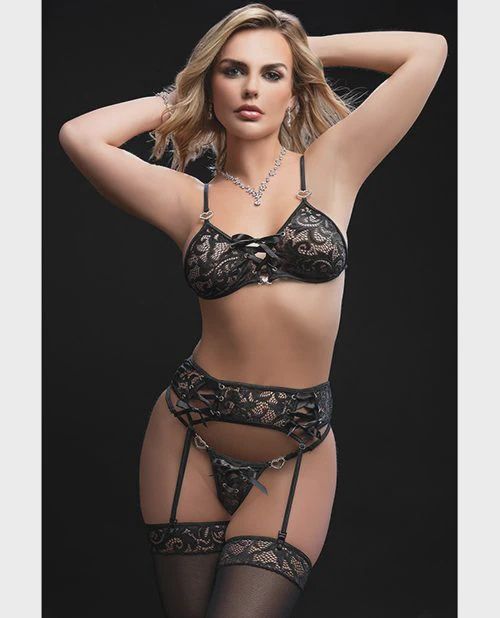 Lace Up Bra w/Heart Detail, Garter Belt &amp; Thong O/S, Color: Black