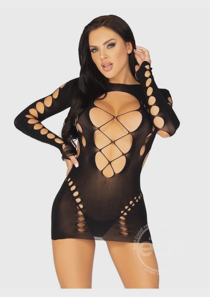 Seamless Cut Out Long Sleeve Mini Dress with Faux Lace-Up Detail - O/S, Color: Black