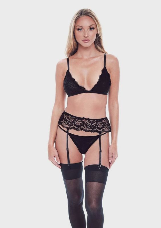 3PC ECO BRA, GARTER &amp; PANTY SET BLACK