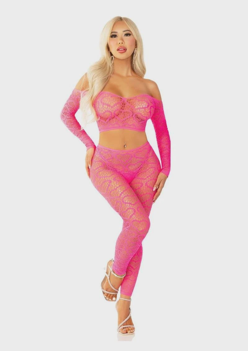 Leg Avenue Heart Net Off the Shoulder Crop Top and Footless Tights (2 Piece) - OS, Color: pink