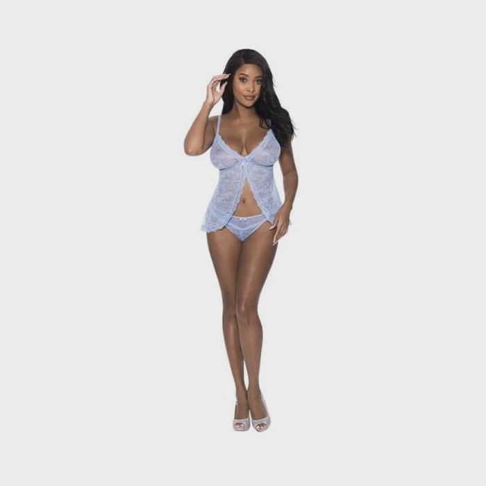Ooh La Lace Babydoll &amp; Split Crotch Panty Set Periwinkle