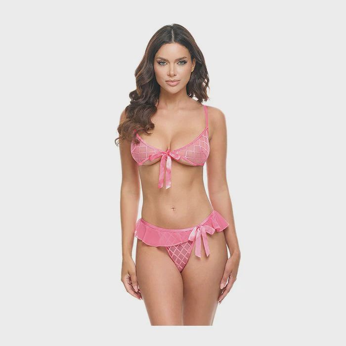 Aubrielle Diamond Mesh Underwire Bra w/Thong 2 pc Set - Pink