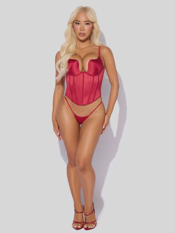BRIGETA SATIN PLUNGE PUSH UP BUSTIER &amp; G-STRING SET