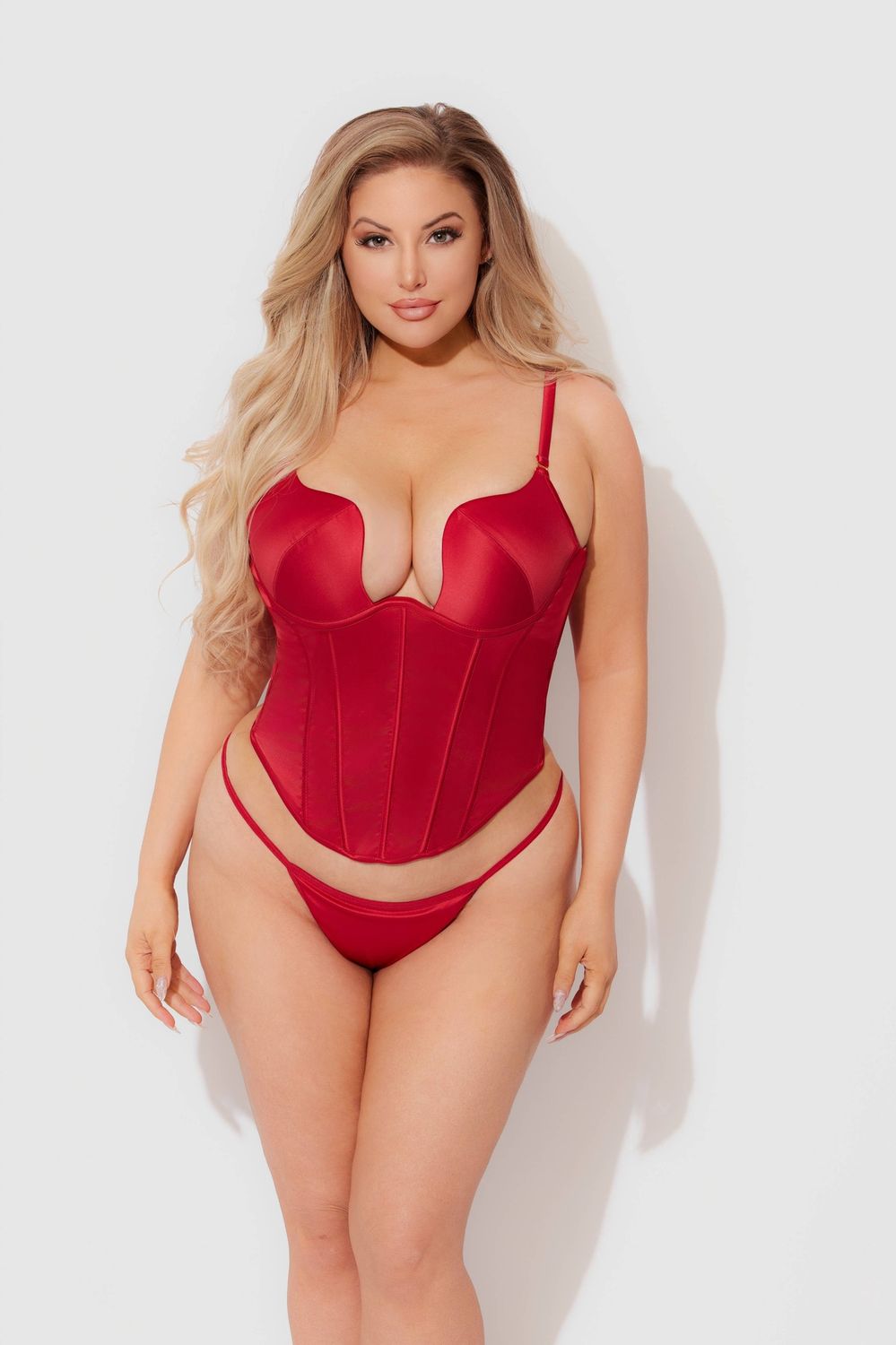 BRIGETA SATIN PLUNGE PUSH UP BUSTIER &amp; G-STRING SET, Color: CRIMSON RED, Size: 1X/2X