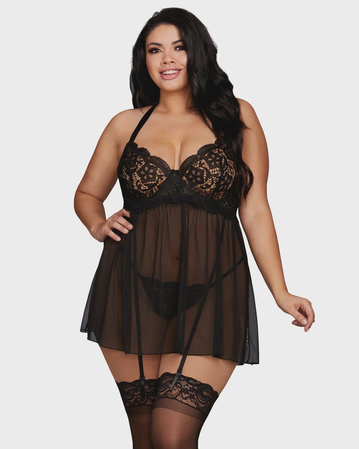 Plus Size Venise Embroidery Lace Garter Babydoll with Thong, Color: Black, Size: 1X