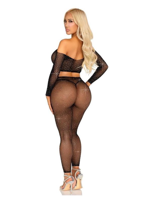 Leg Avenue Rhinestone Fishnet Crop Top and Footless Tights - O/S