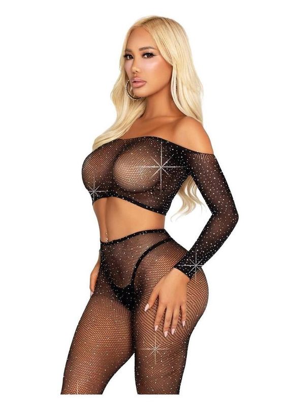 Leg Avenue Rhinestone Fishnet Crop Top and Footless Tights - O/S
