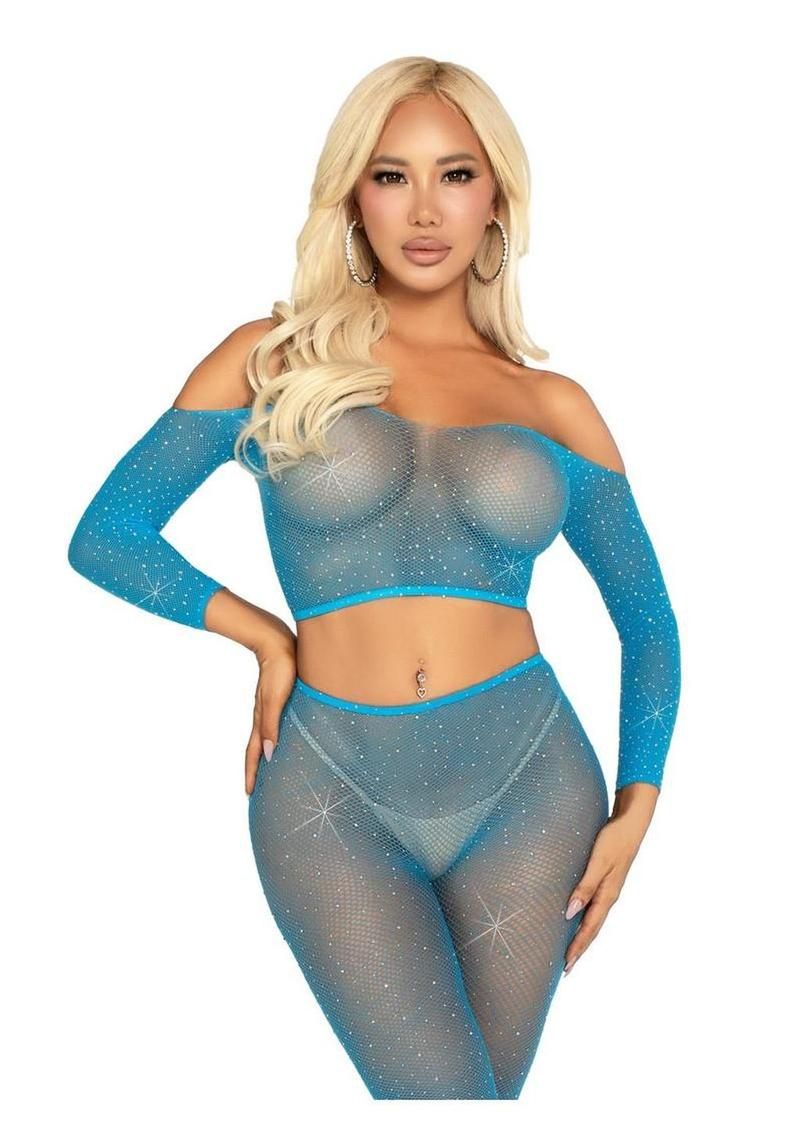 Leg Avenue Rhinestone Fishnet Crop Top and Footless Tights - O/S, Color: neon-blue