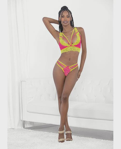 Festival Wear Strappy Lace Top &amp; G-String Neon, Size: Small