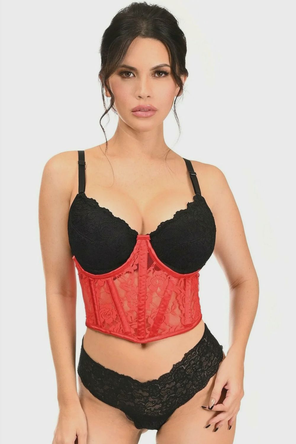 Lavish Red Sheer Lace Underwire Waist Cincher Corset, Size: 2X