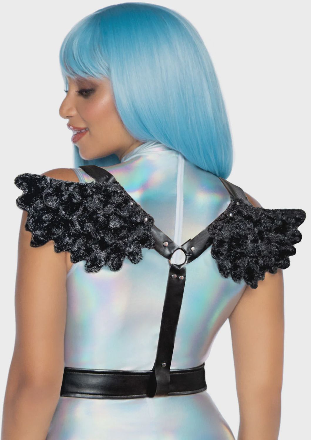 Furry angel wing body harness, Color: Black