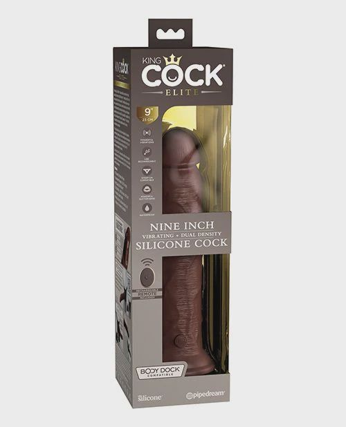 King Cock Elite 9" Dual Density Vibrating Silicone Cock w/Remote, Color: Brown