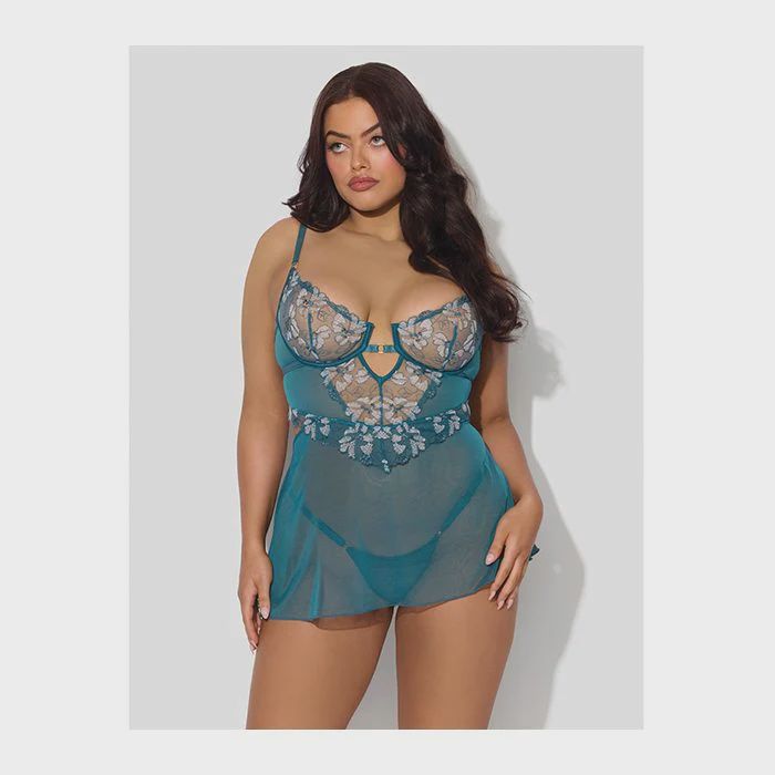Nova Lace &amp; Mesh Babydoll w/G-String 2 pc Set - Jade Blue