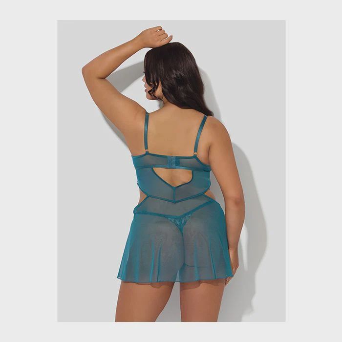Nova Lace &amp; Mesh Babydoll w/G-String 2 pc Set - Jade Blue