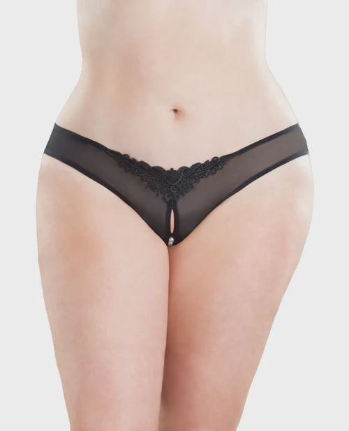 Crotchless Thong w/Pearls Black, Size: 1X-2X