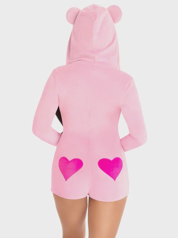 Leg Avenue Sweetheart Bear Velvet Zip Up Romper with Heart Accent - Pink