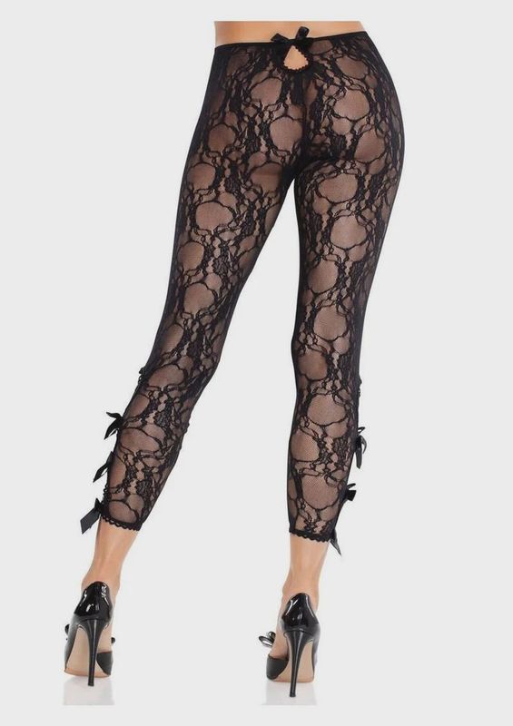 Leg Avenue Scalloped Trimmed Floral Lace Footless Capri Tights with Keyhole Bow Detail O/S