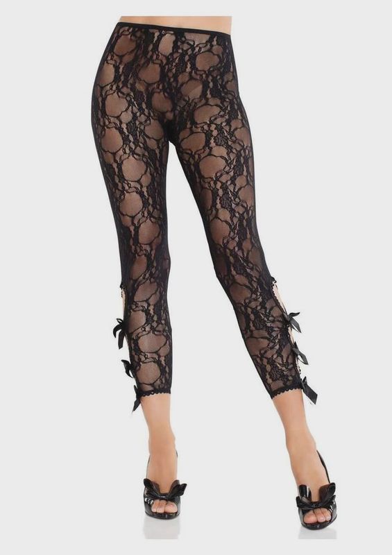 Leg Avenue Scalloped Trimmed Floral Lace Footless Capri Tights with Keyhole Bow Detail O/S
