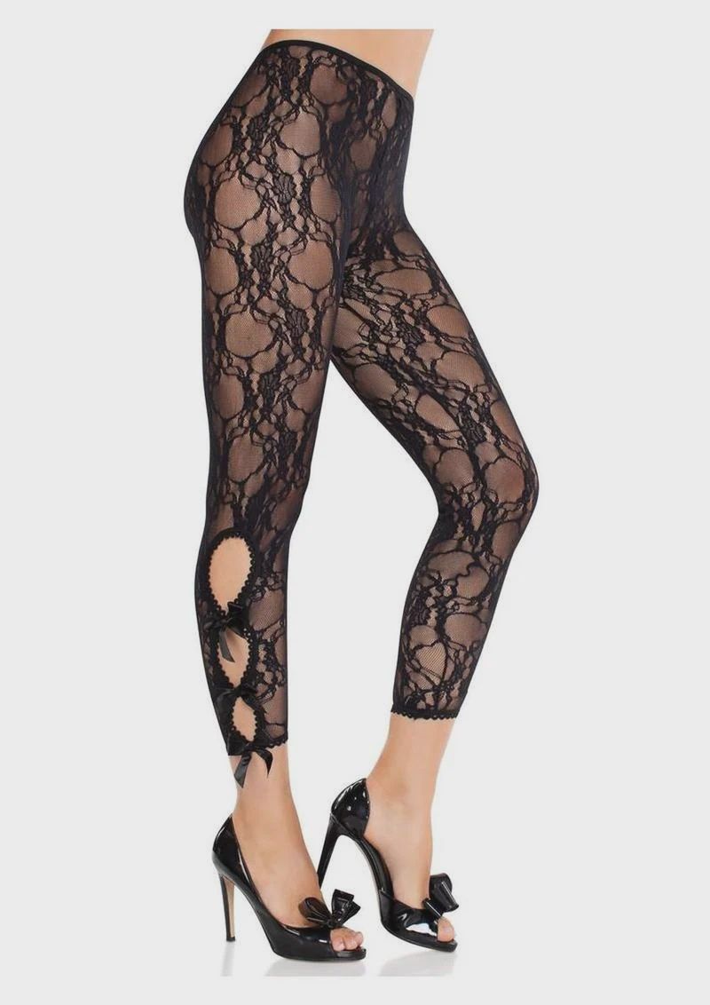Leg Avenue Scalloped Trimmed Floral Lace Footless Capri Tights with Keyhole Bow Detail O/S, Color: black