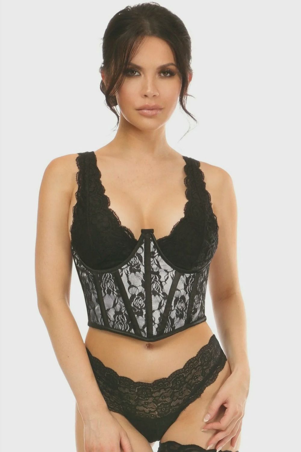 Lavish White w/Black Lace Overlay Open Cup Waist Cincher, Size: 2X