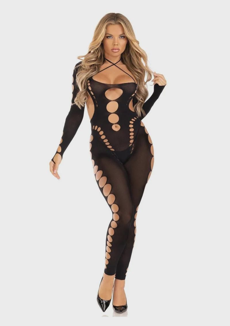 Seamless Opaque Cut-Out Footless Bodystocking - O/S, Color: Black