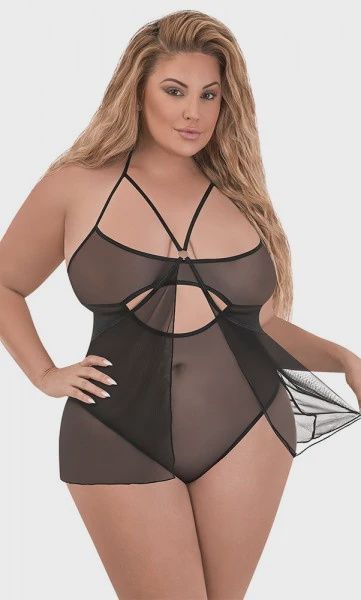 Crotchless Baby Doll Teddy, Color: Black, Size: 1-3X