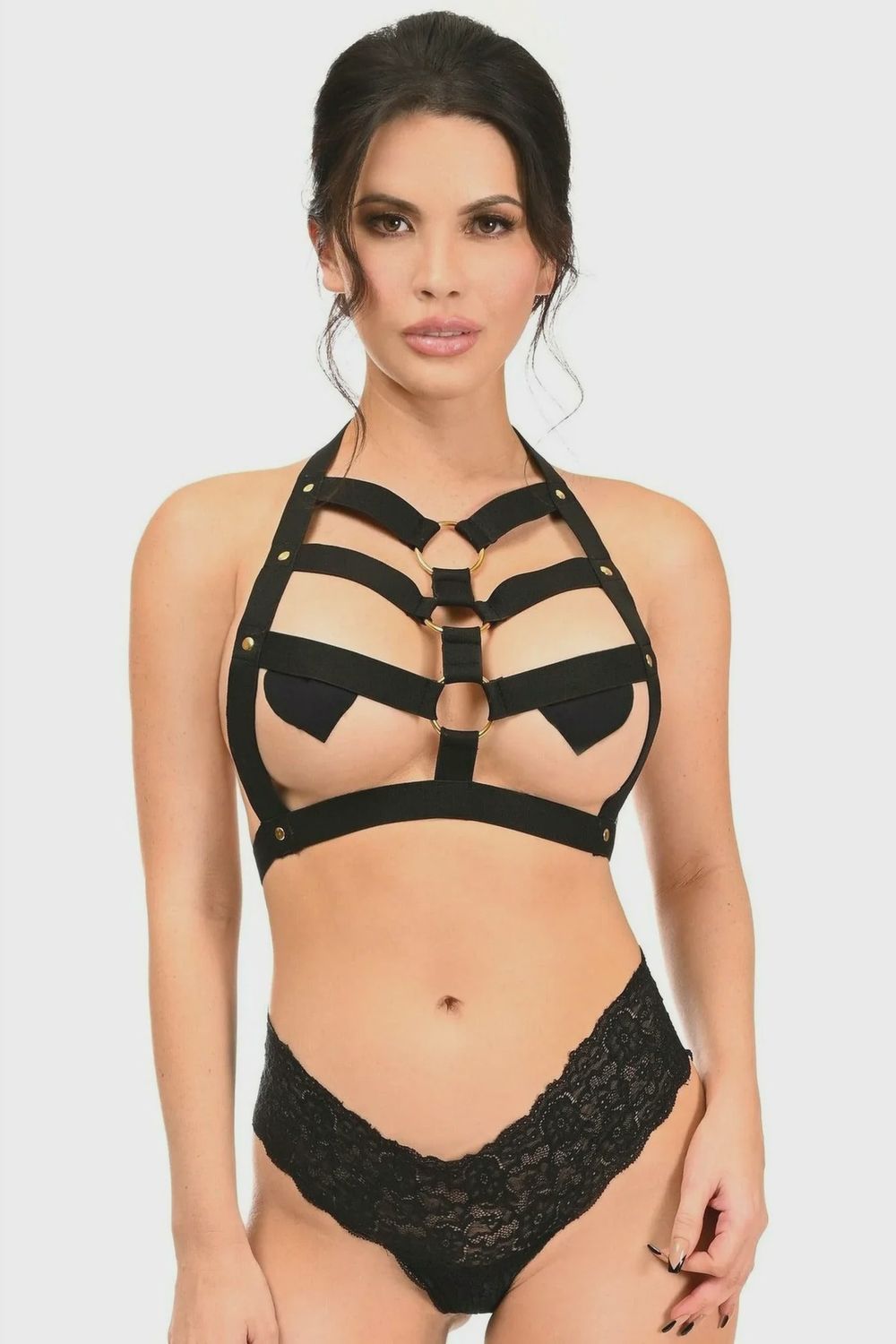 Stretchy Body Harness w/ Hardware, Color: Black/Gold, Size: Queen