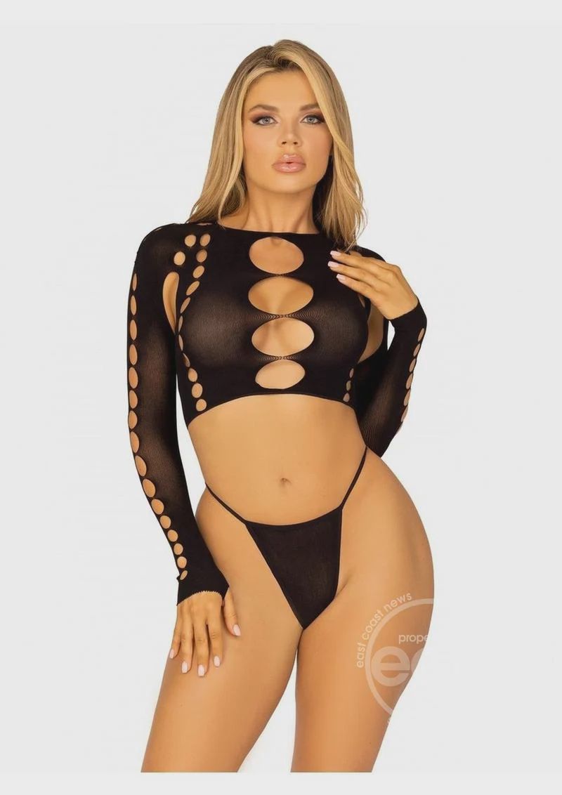 Seamless Cut Out Long Sleeve Crop Top and G-String Panty - O/S, Color: Black