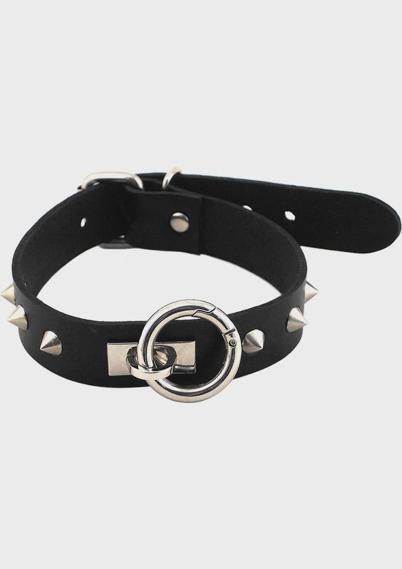 Rouge O Ring Studded Adjustable Leather Collar, Color: Black