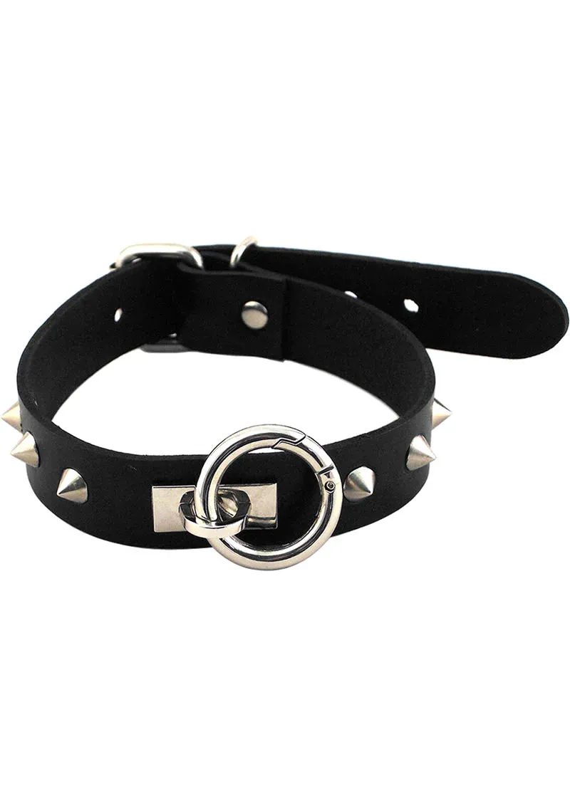 Rouge O Ring Studded Adjustable Leather Collar, Color: Black