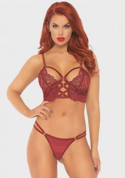 2 Pc Lace Bralette With Cage Strap O-Ring Bodice Detail and Matching G-String