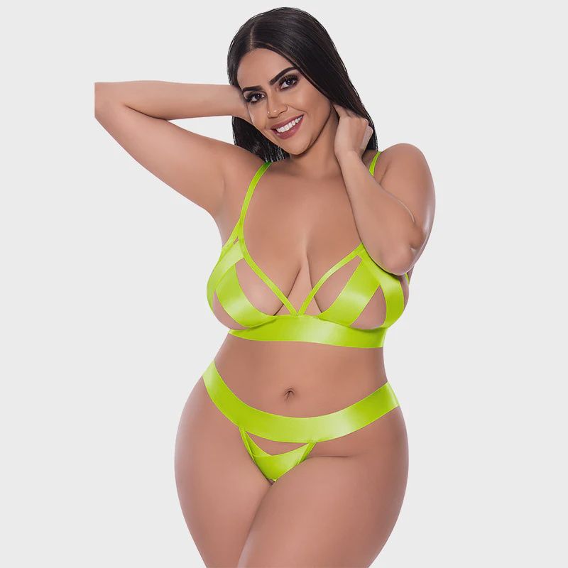 Strap Tease Bra &amp; Crotchless Panty Set Yellow, Size: 2XL