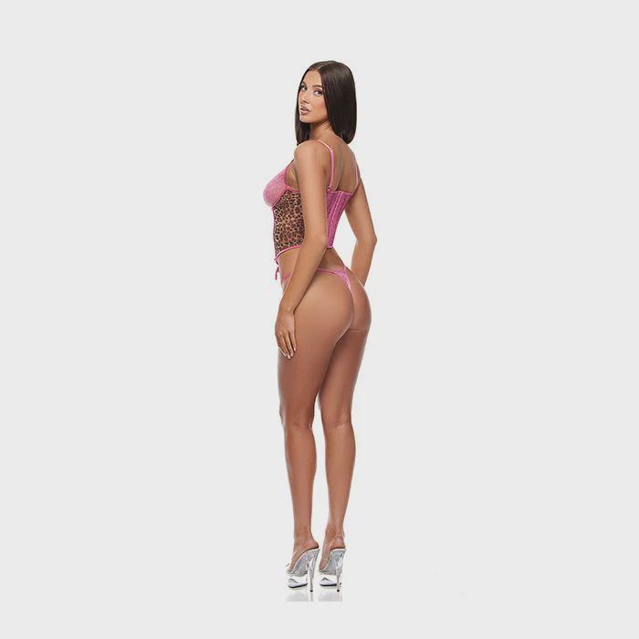 Animal Instincts Mesh Bustier &amp; Panty 2 pc Set - Pink Leopard