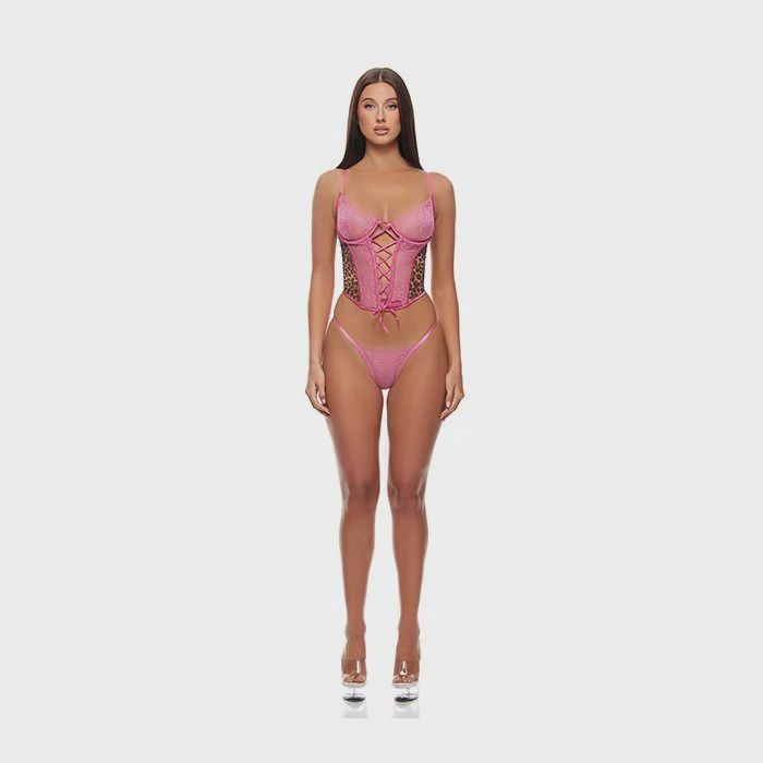 Animal Instincts Mesh Bustier &amp; Panty 2 pc Set - Pink Leopard, Size: Small