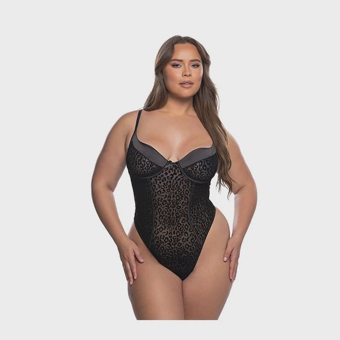 Wild Thing Underwire Teddy - Black Leopard, Size: 1X/2X