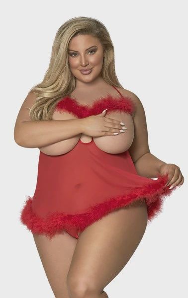 Marabou Cupless &amp; Crotchless Baby Doll Set, Size: 1-3X