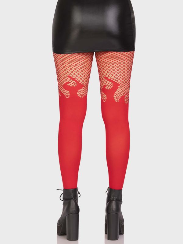 Opaque flame tights with fishnet top